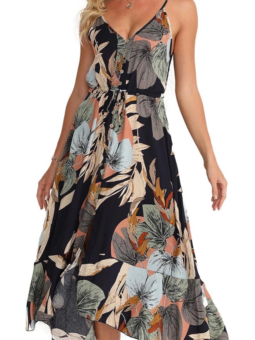 Boho Black Tropical Print Maxi Dress with Buttons